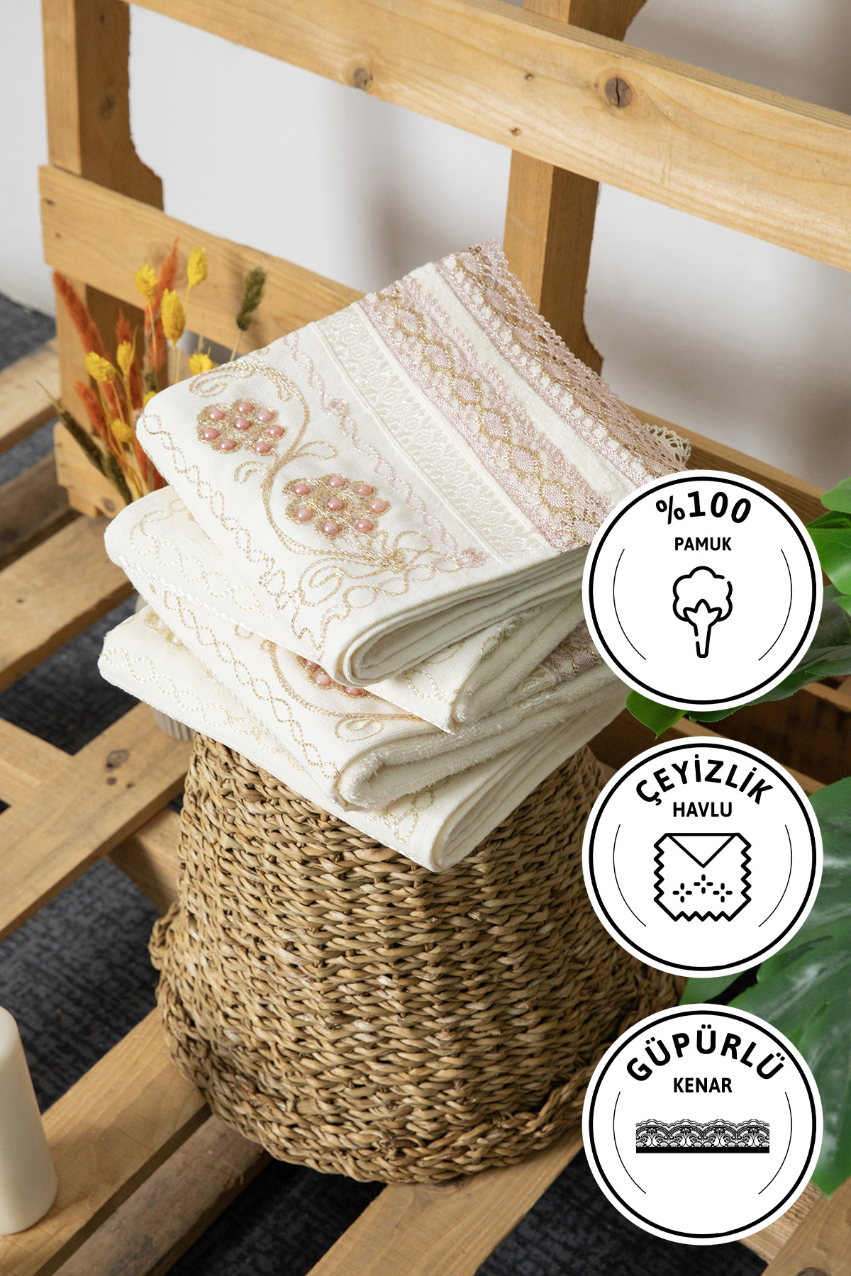 %100 Pamuk Güpürlü Çeyizlik 4lü  Havlu 50x90 - Krem - Pudra