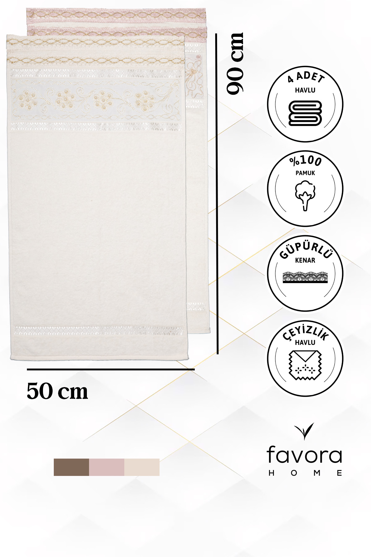 %100 Pamuk Güpürlü Çeyizlik 4lü  Havlu 50x90 - Krem - Pudra