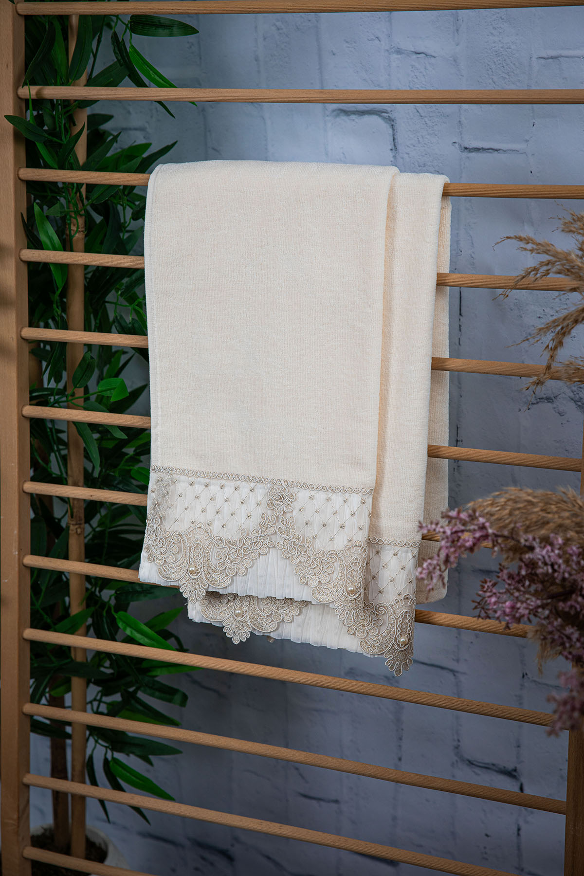 %100 Pamuk İnci Güpürlü Çeyizlik 2li Havlu 50x90 - Krem