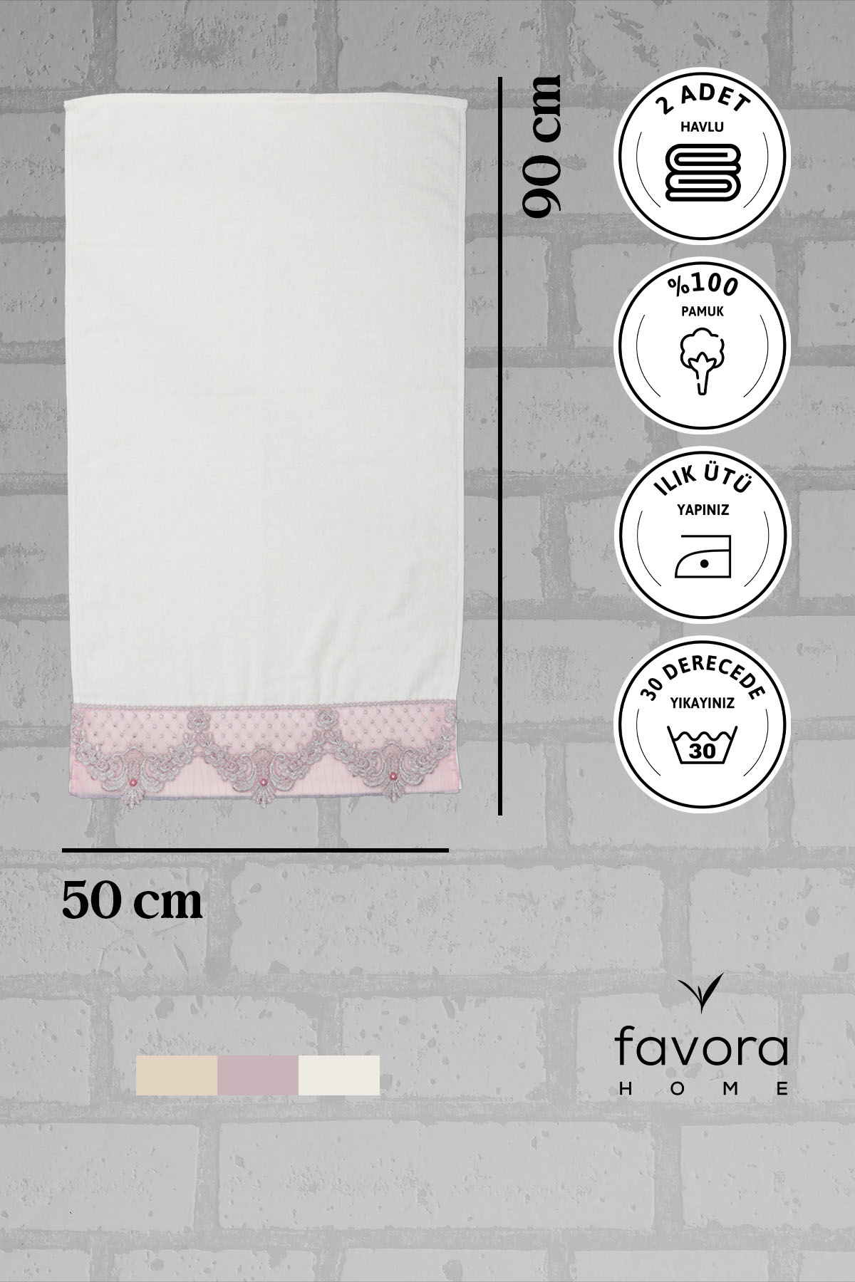 %100 Pamuk İnci Güpürlü Çeyizlik 2li Havlu 50x90 - Pudra