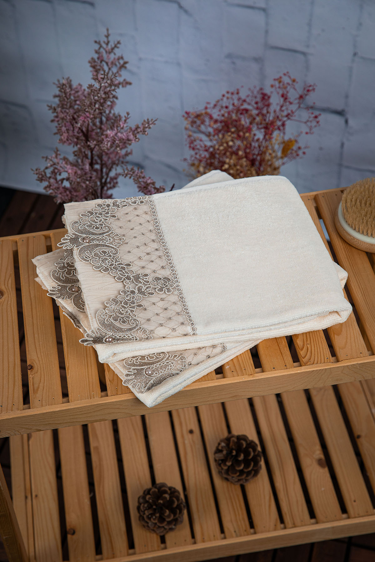 %100 Pamuk İnci Güpürlü Çeyizlik 2li Havlu 50x90 - Vizon