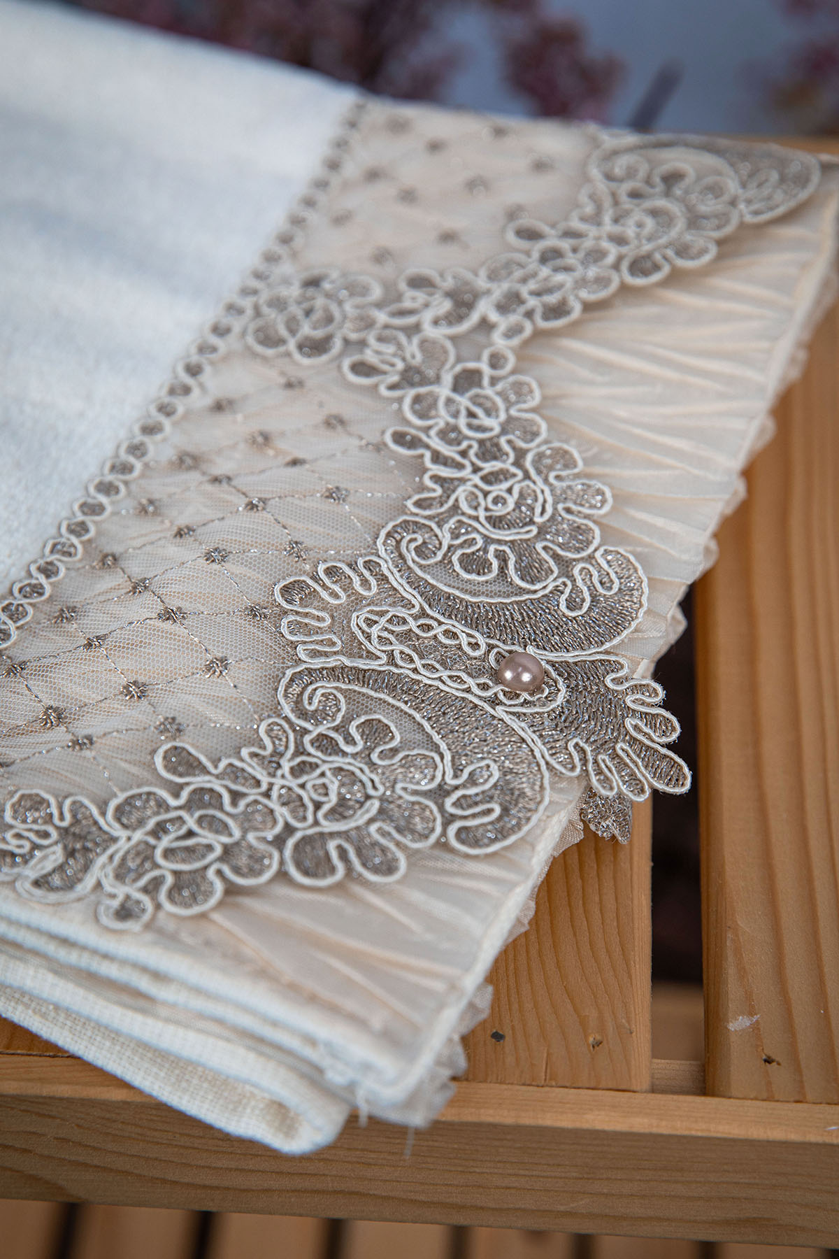 %100 Pamuk İnci Güpürlü Çeyizlik 2li Havlu 50x90 - Vizon