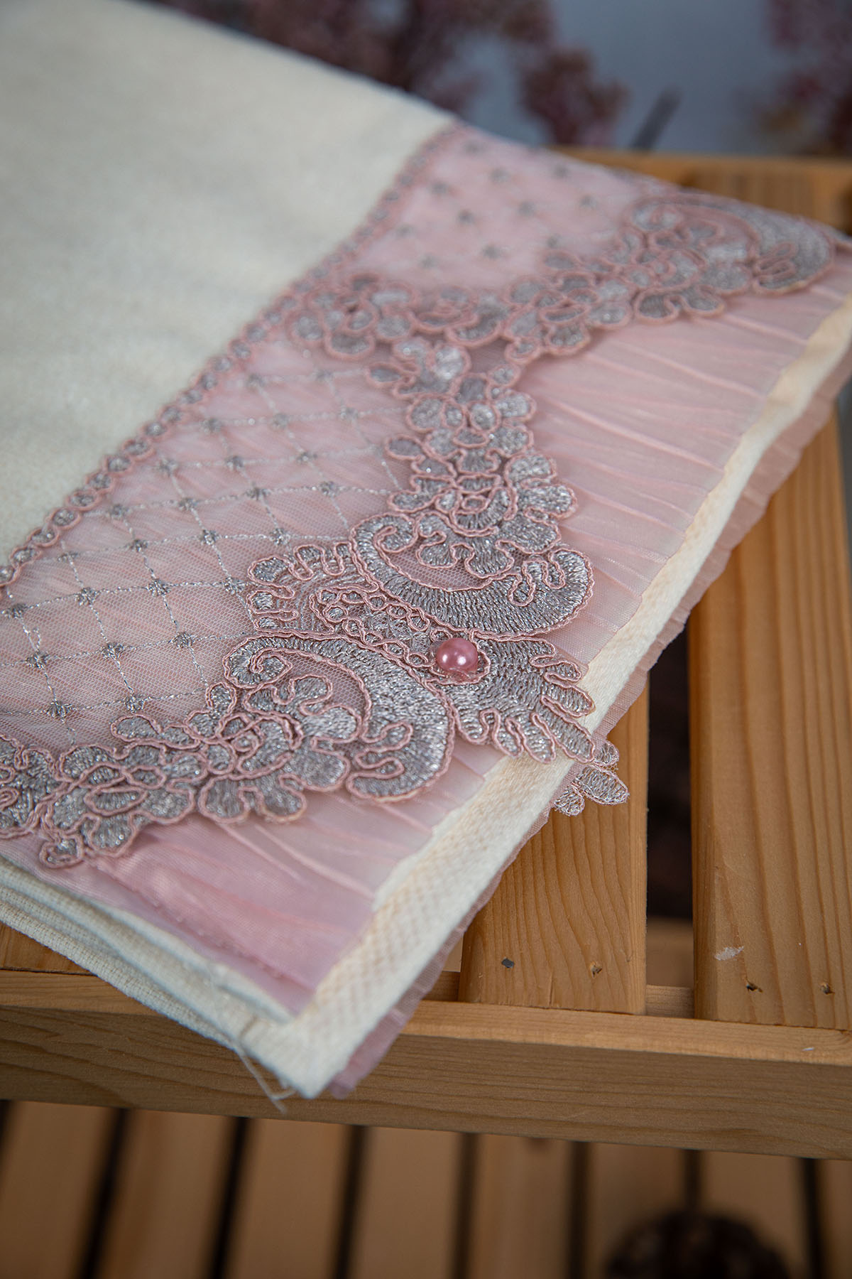 %100 Pamuk İnci Güpürlü Çeyizlik 4lü Havlu 50x90 - Krem - Pudra