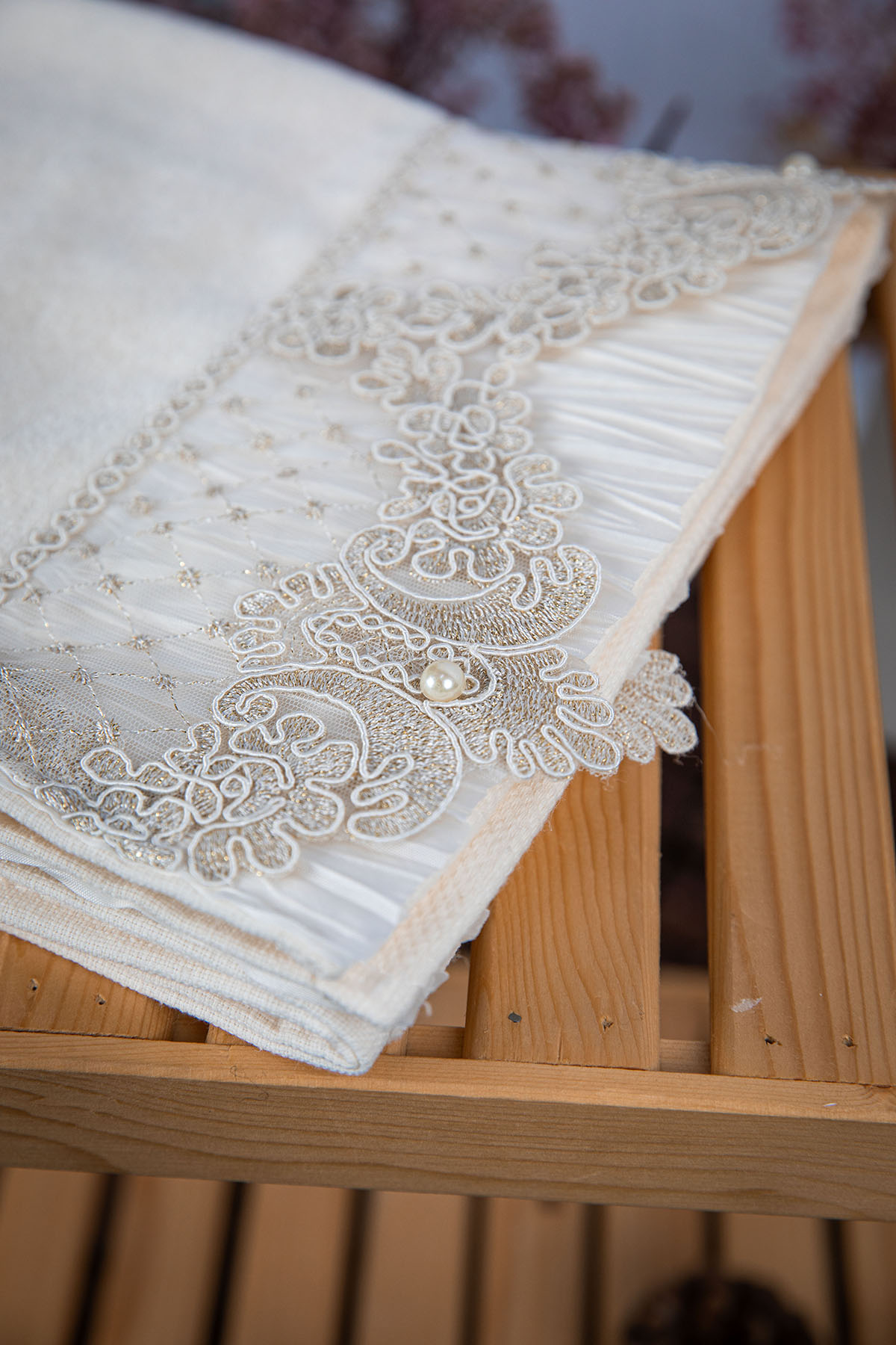 %100 Pamuk İnci Güpürlü Çeyizlik 4lü Havlu 50x90 - Krem - Pudra