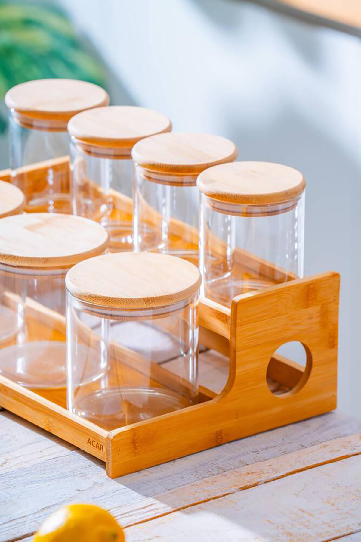 Acar Malibu Bambu Basamak Standlı 7 li Borosilikat Cam Baharatlık Seti LND-07588