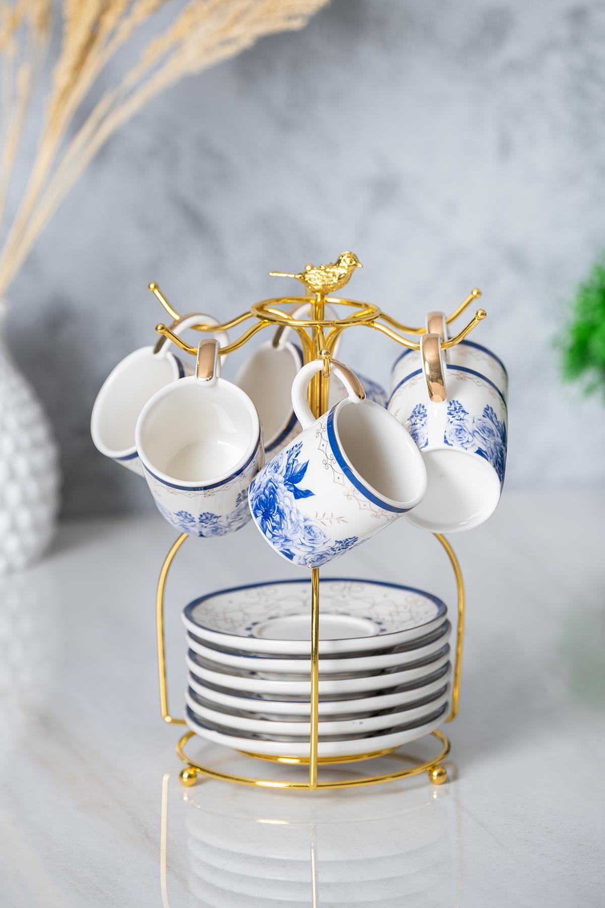 Acar Mist 6 Kişilik Kahve Fincanı Takımı - 90 ml - Mavi - Beyaz PORJ-05219