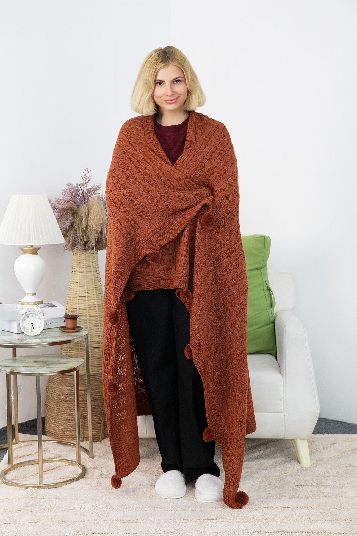 Biocotton Triko Ponponlu Tv Battaniyesi - Kiremit