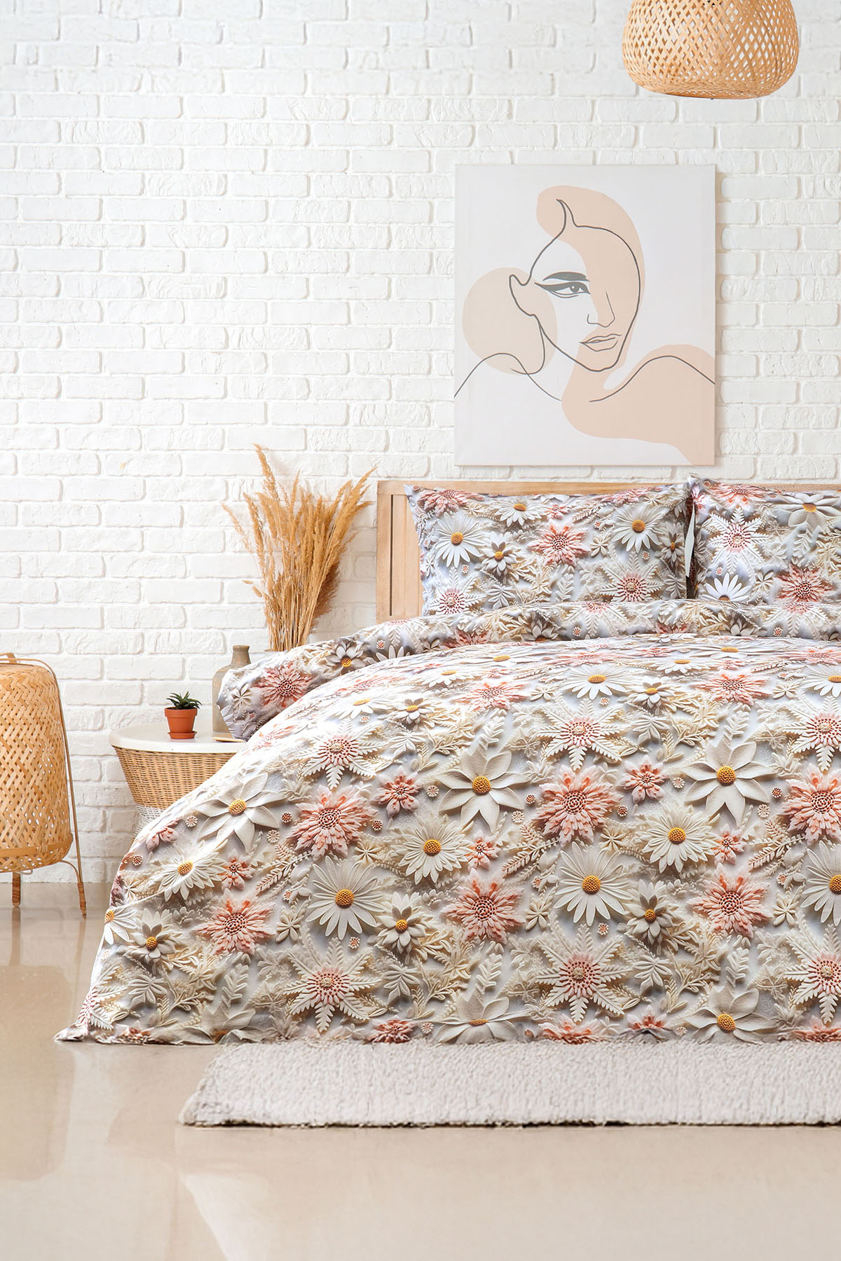 Favora Picco %100 Pamuk 3D Dijital Baskı Çift Kişilik Nevresim Takımı - Pudra