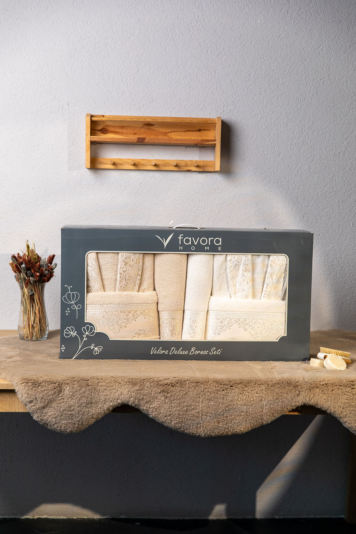Favora Velora Deluxe %100 Pamuk Bornoz Seti - Bej - Krem