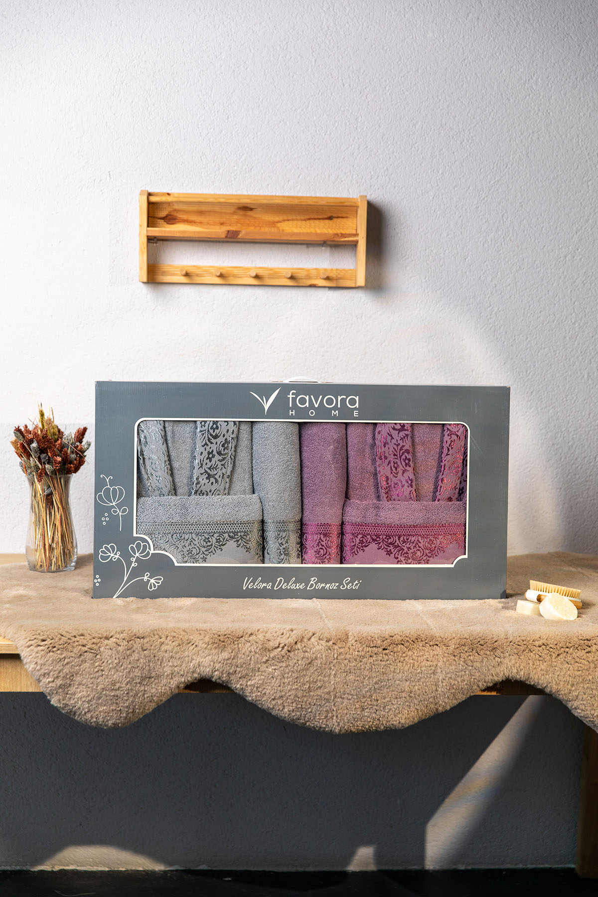 Favora Velora Deluxe %100 Pamuk Bornoz Seti - Mürdüm - Antrasit