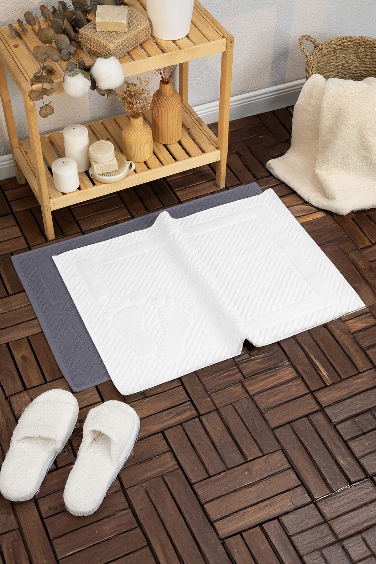 Leoline %100 Pamuk Premium 2li Ayak Havlusu - Beyaz - Antrasit