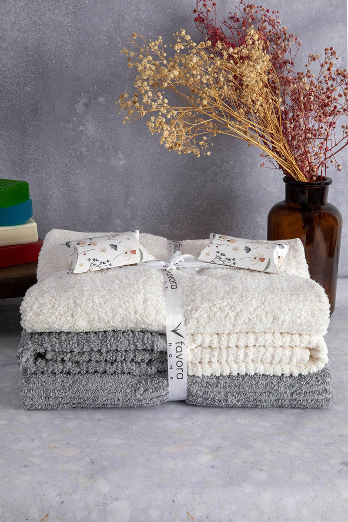 Line %100 Pamuk Luxury 6 Parça Havlu Hamam Seti - Gri Krem