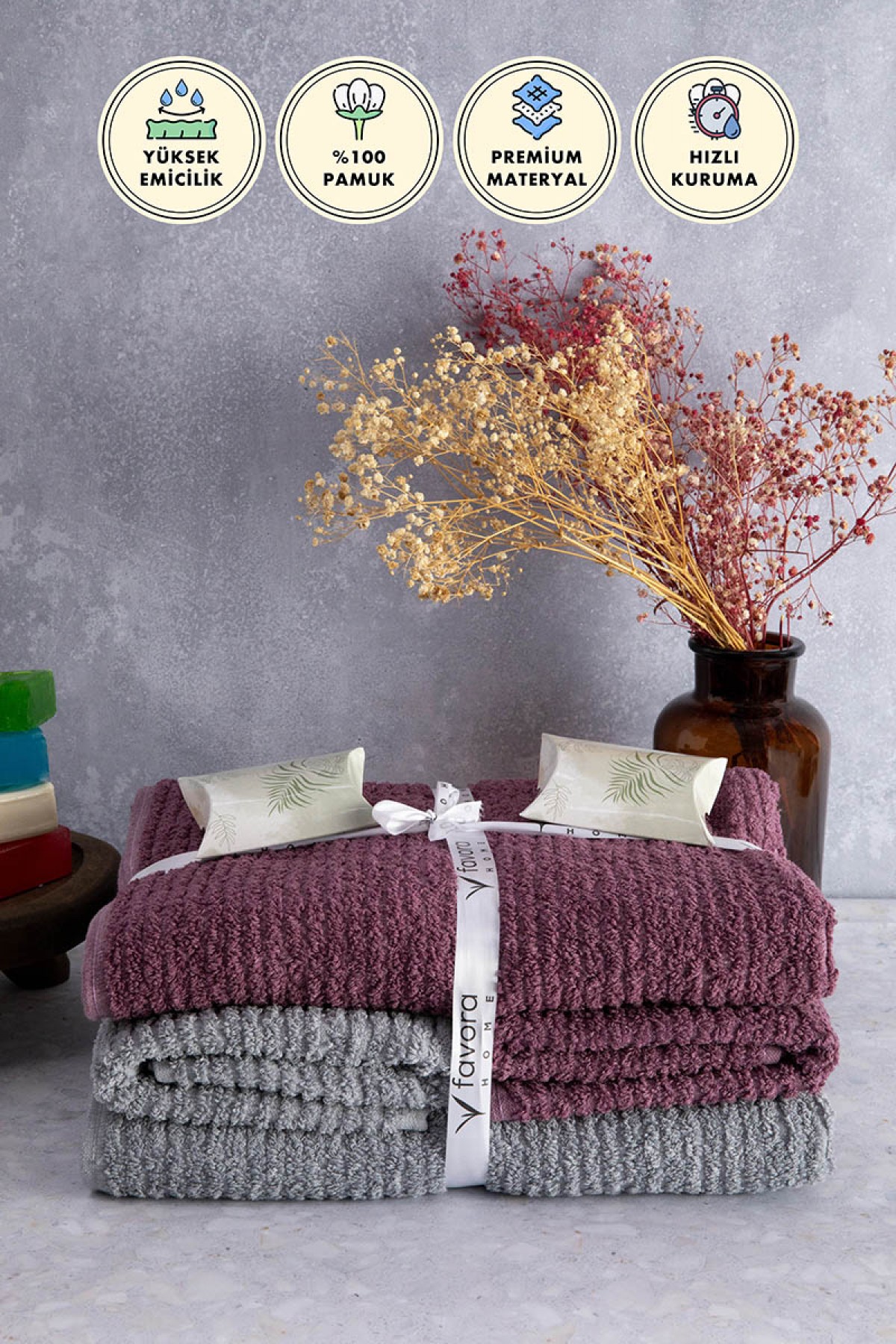 Line %100 Pamuk Luxury 6 Parça Havlu Hamam Seti - Gri Mürdüm Line %100 Pamuk Luxury 6 Parça Havlu Hamam Seti - Gri Mürdüm