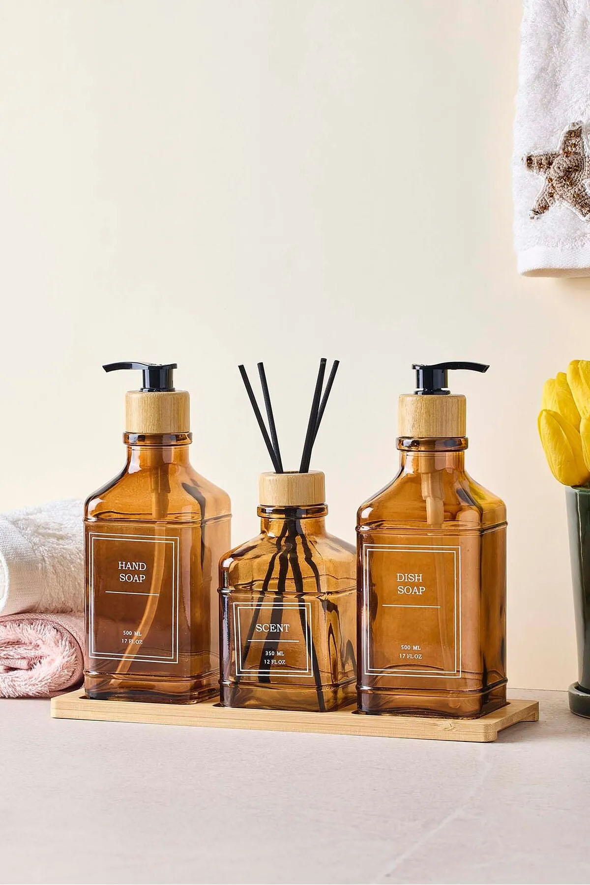 Perotti 18049 Rogan 3'lü Tepsili Sıvı Sabunluk Seti - Amber 