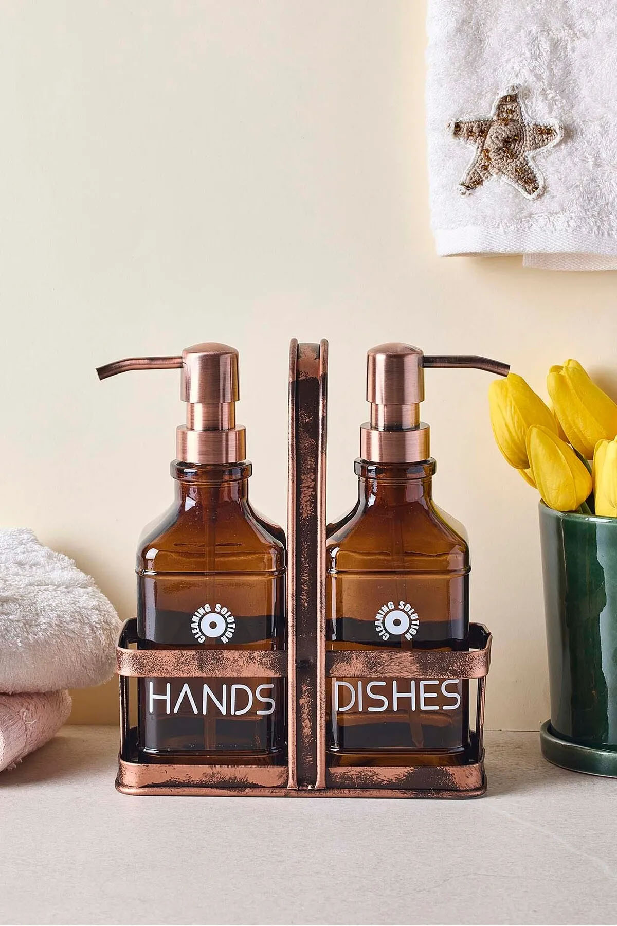 Perotti 18053 Rame Eskitme Metal Standlı Retro 2'li Kare Sıvı Sabunluk 500 ml - Amber 
