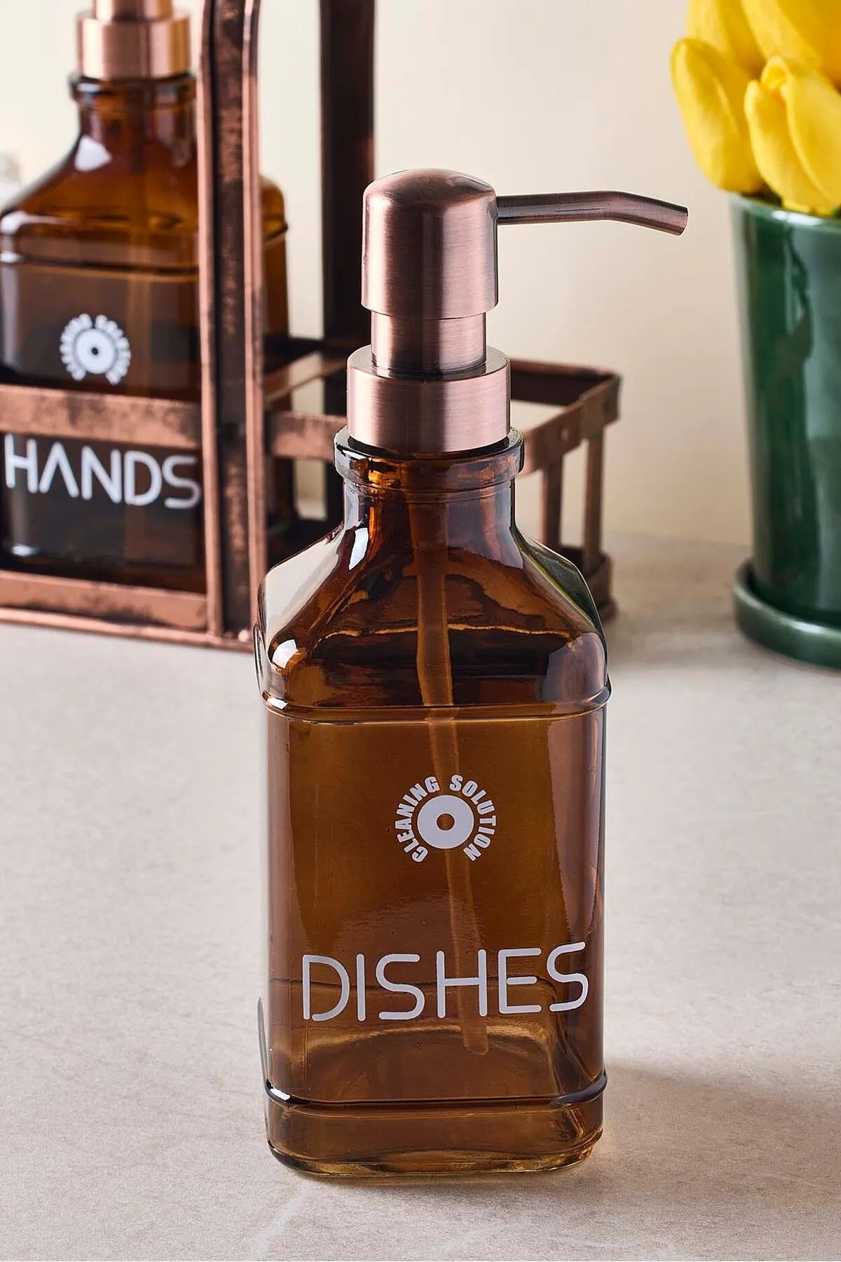 Perotti 18053 Rame Eskitme Metal Standlı Retro 2'li Kare Sıvı Sabunluk 500 ml - Amber 