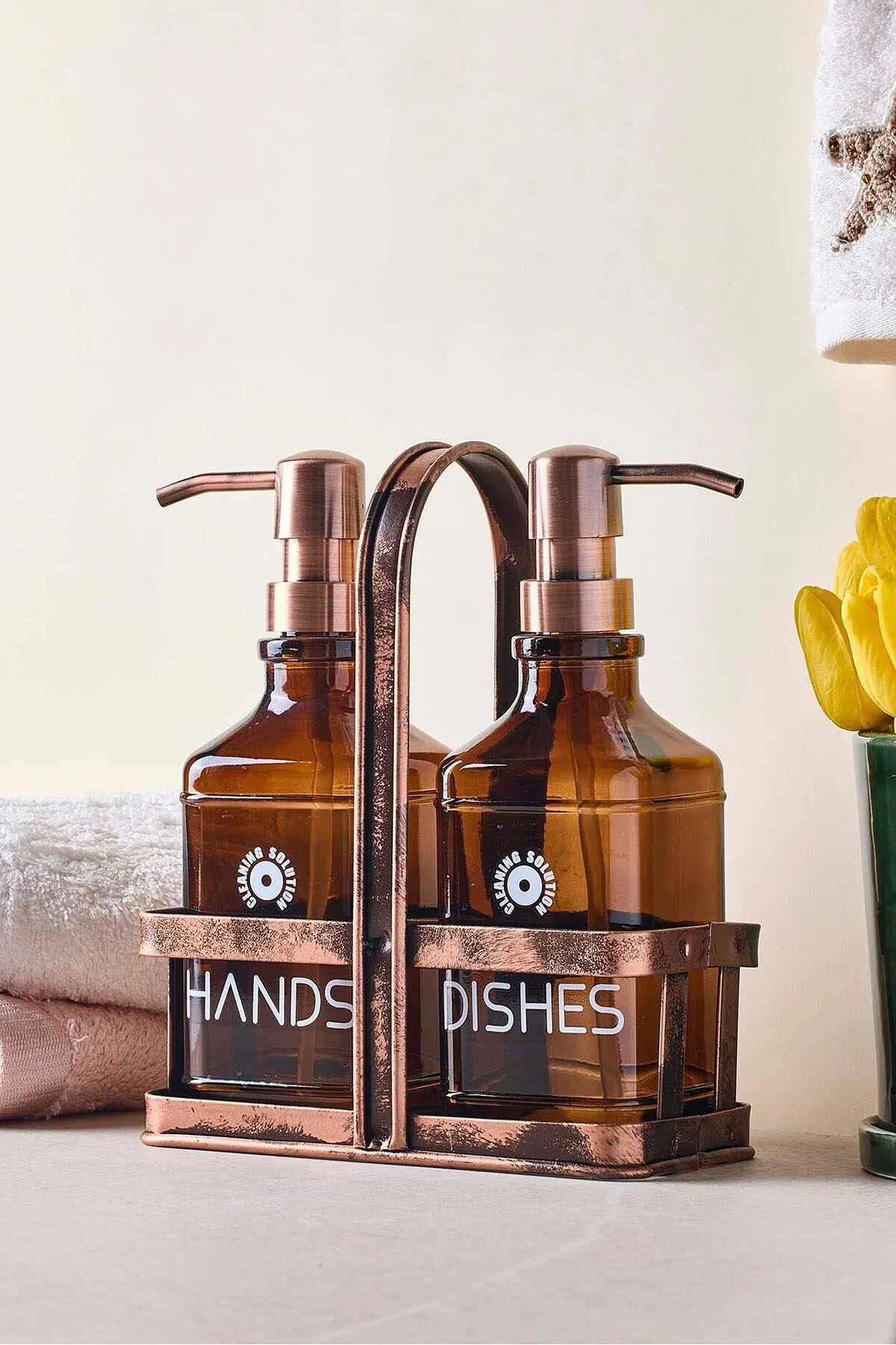 Perotti 18053 Rame Eskitme Metal Standlı Retro 2'li Kare Sıvı Sabunluk 500 ml - Amber 