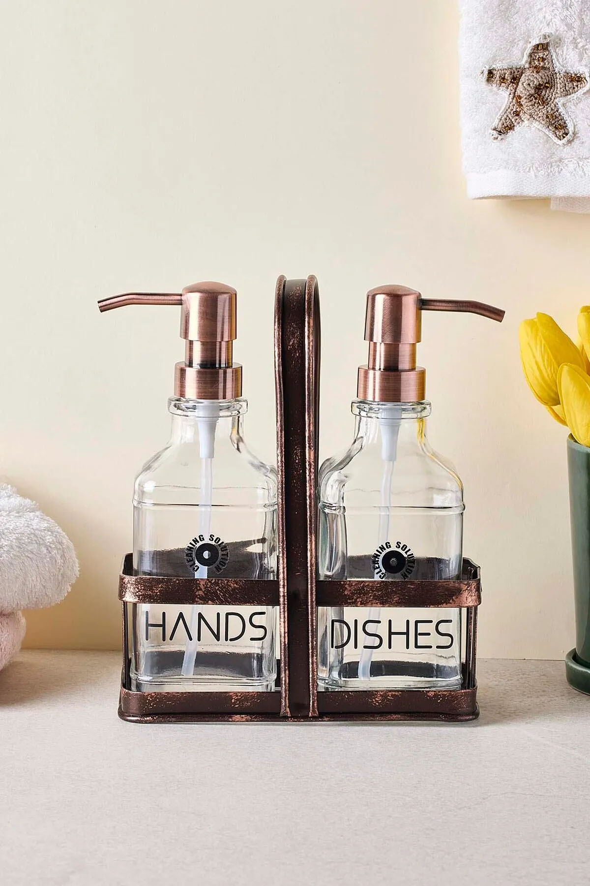 Perotti 18054 Rame Eskitme Metal Standlı Retro 2'li Kare Sıvı Sabunluk 500 ml 