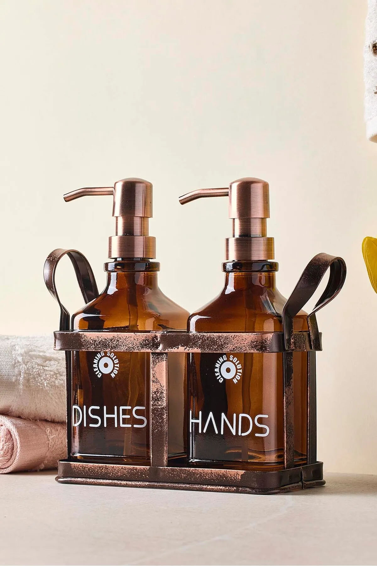 Perotti 18055 Rame Eskitme Metal Standlı Retro 2'li Sıvı Sabunluk 500 ml - Amber 