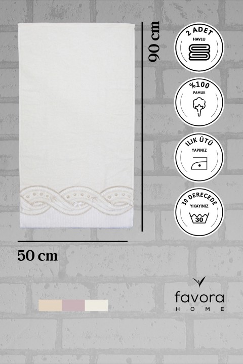 %100 Pamuk Fiyonk Güpürlü Çeyizlik 2li Havlu 50x90 - Krem