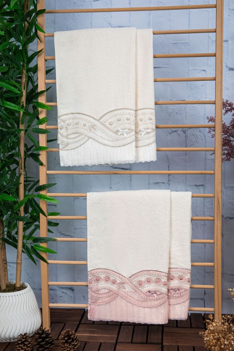 %100 Pamuk Fiyonk Güpürlü Çeyizlik 4lü Havlu 50x90 - Krem - Pudra