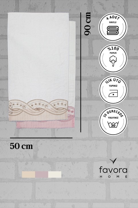 %100 Pamuk Fiyonk Güpürlü Çeyizlik 4lü Havlu 50x90 - Pudra - Vizon