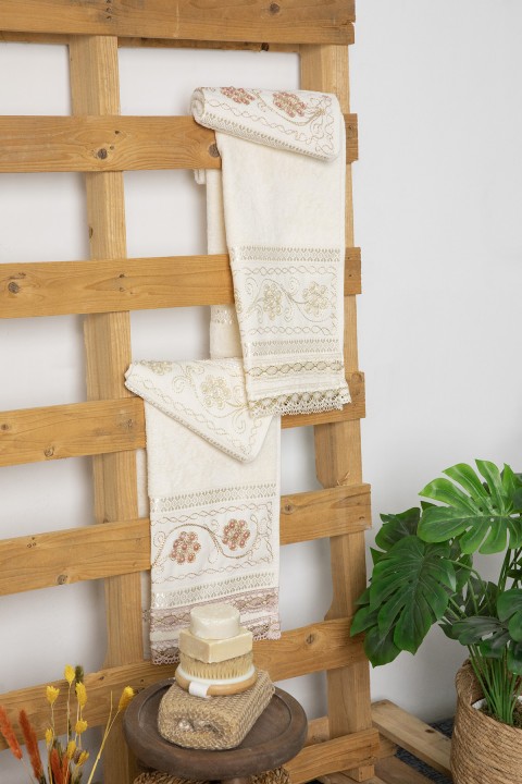 %100 Pamuk Güpürlü Çeyizlik 4lü  Havlu 50x90 - Krem - Pudra