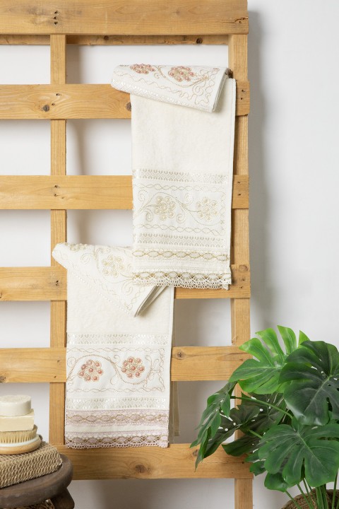 %100 Pamuk Güpürlü Çeyizlik 4lü  Havlu 50x90 - Krem - Pudra