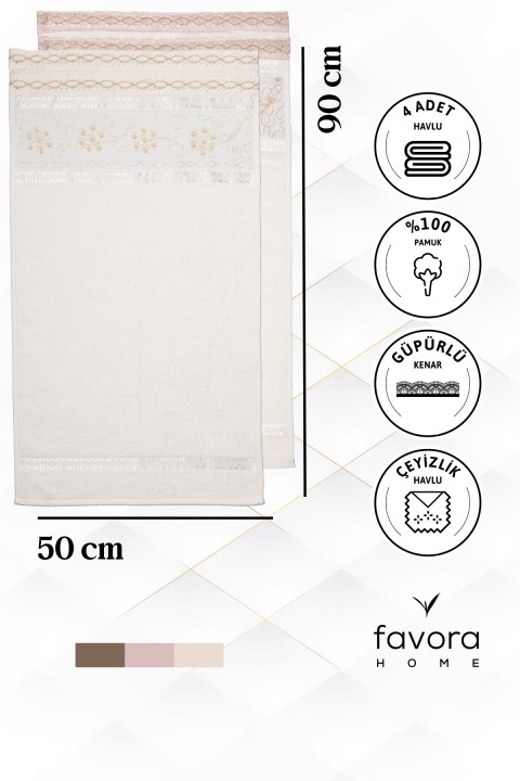 %100 Pamuk Güpürlü Çeyizlik 4lü  Havlu 50x90 - Krem - Pudra