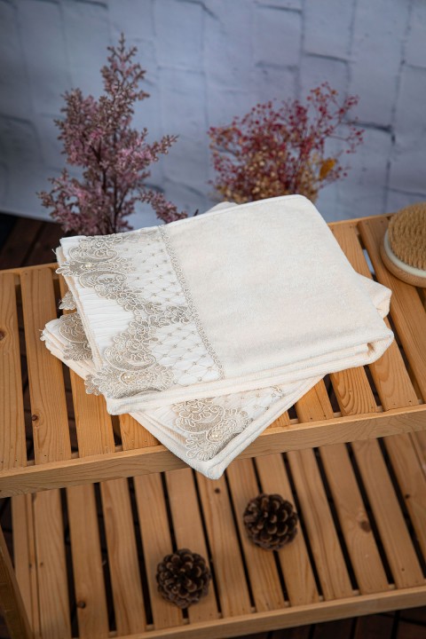 %100 Pamuk İnci Güpürlü Çeyizlik 2li Havlu 50x90 - Krem