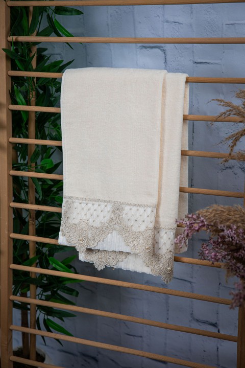 %100 Pamuk İnci Güpürlü Çeyizlik 2li Havlu 50x90 - Krem