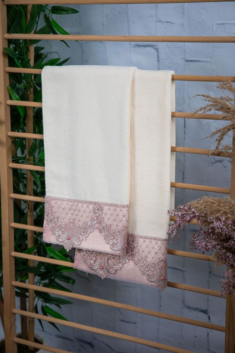 %100 Pamuk İnci Güpürlü Çeyizlik 2li Havlu 50x90 - Pudra