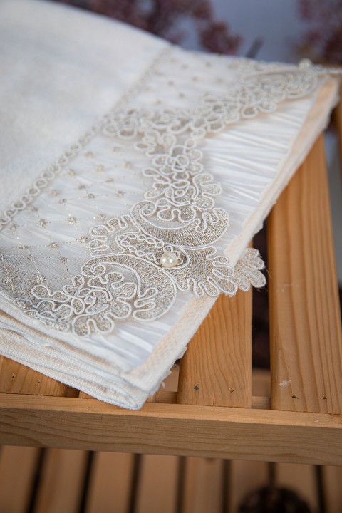 %100 Pamuk İnci Güpürlü Çeyizlik 4lü Havlu 50x90 - Krem - Pudra