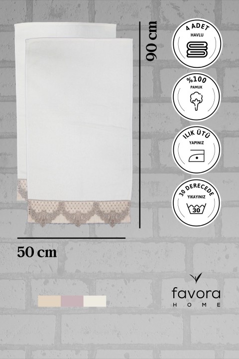%100 Pamuk İnci Güpürlü Çeyizlik 4'lü Havlu 50x90 - Krem - Vizon