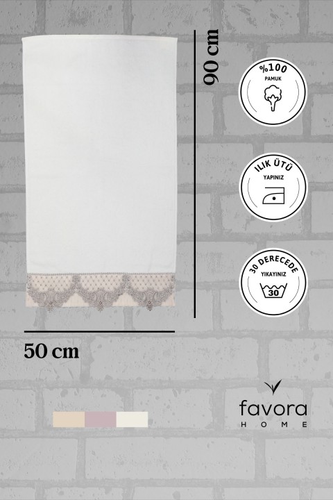 %100 Pamuk İnci Güpürlü Çeyizlik Havlu 50x90 - Krem