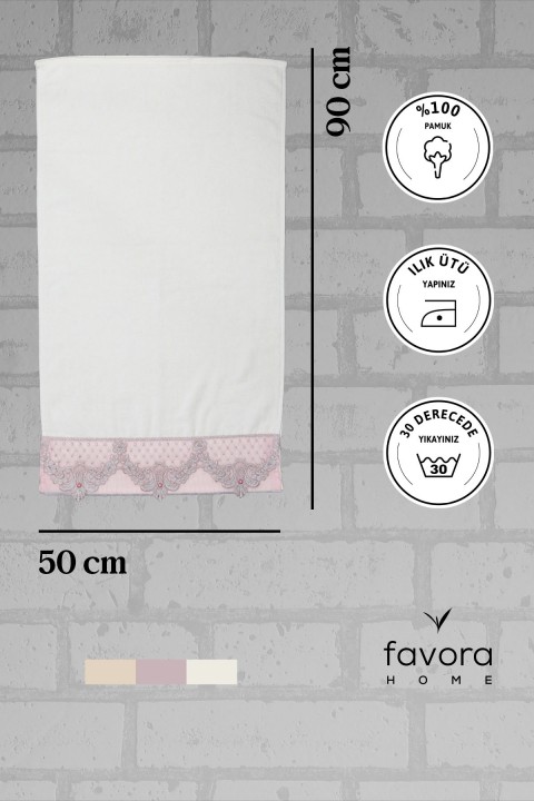 %100 Pamuk İnci Güpürlü Çeyizlik Havlu 50x90 - Pudra