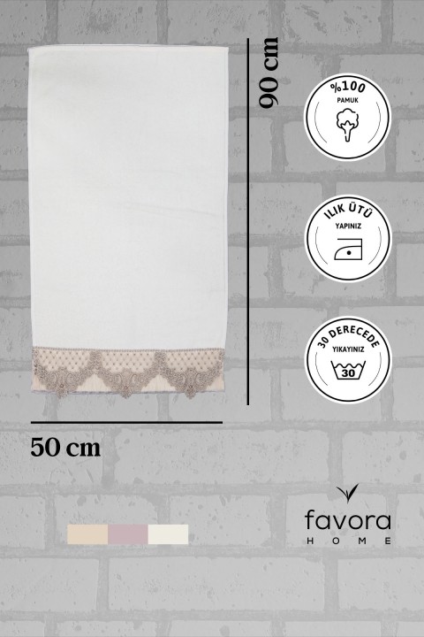 %100 Pamuk İnci Güpürlü Çeyizlik Havlu 50x90 - Vizon