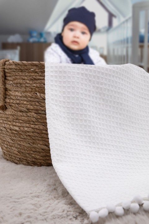 %100 Pamuk Macaron Bebek Battaniyesi - Beyaz