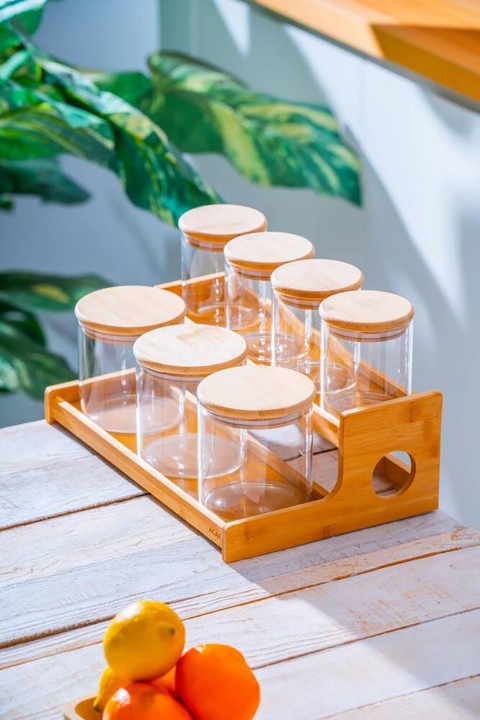 Acar Malibu Bambu Basamak Standlı 7 li Borosilikat Cam Baharatlık Seti LND-07588