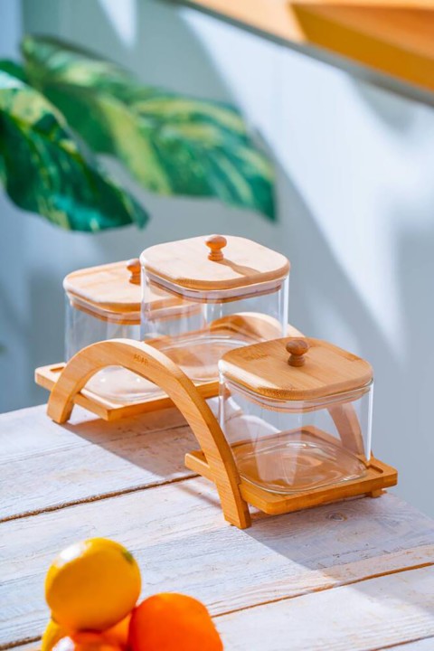 Acar Malibu Bambu Gondol Standlı 3 lü Borosilikat Cam Baharatlık Seti LND-07579