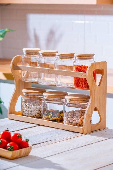 Acar Malibu Bambu Katlı Standlı 7 li Borosilikat Cam Baharatlık Seti LND-07587
