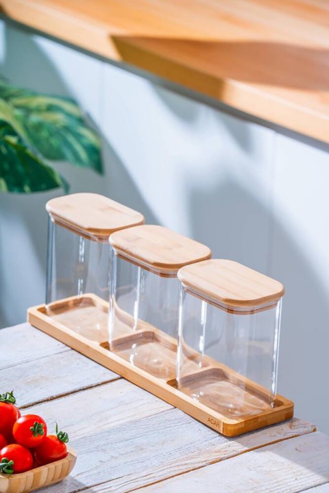 Acar Malibu Bambu Standlı dikdörtgen 3 lü Borosilikat Cam Baharatlık Seti LND-07583