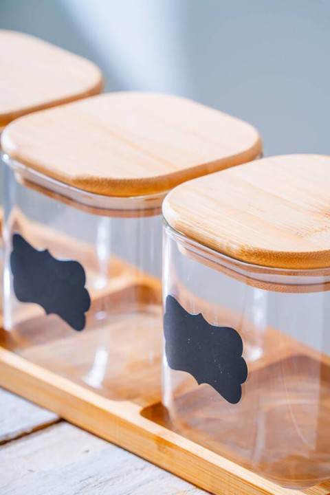 Acar Malibu Bambu Standlı Kare 3 lü Borosilikat Cam Baharatlık Seti LND-07581