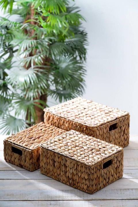 Acar Wicker 3 lü Dekoratif Kapaklı Hasır Sepet ACR-314