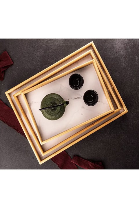 Bambum Marbella 3'lü Mermer Desen Tepsi - Beyaz