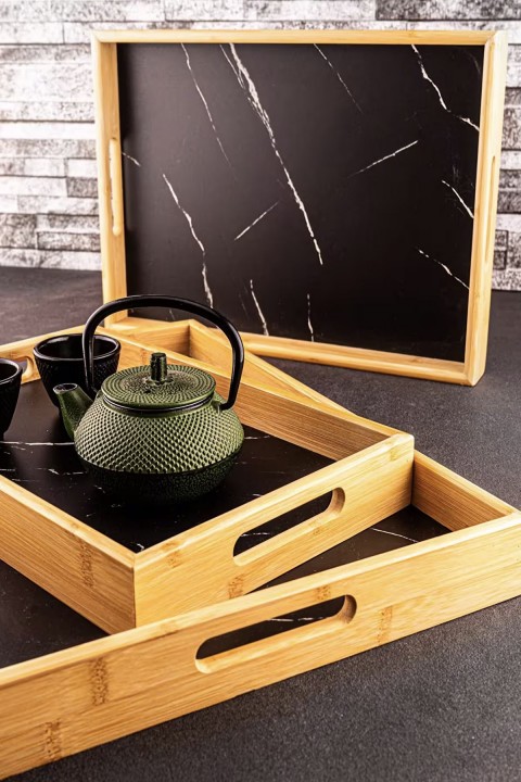 Bambum Marbella 3'lü Mermer Desen Tepsi - Lacivert