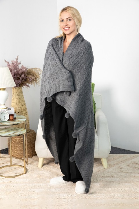 Biocotton Triko Ponponlu Tv Battaniyesi - Antrasit