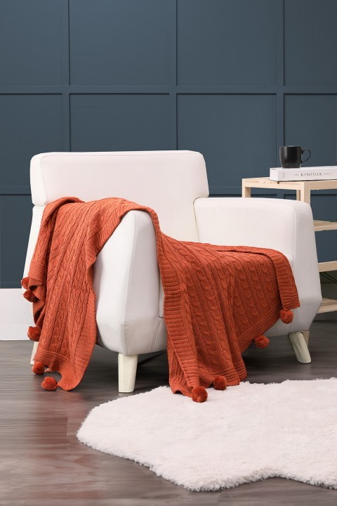 Biocotton Triko Ponponlu Tv Battaniyesi - Kiremit