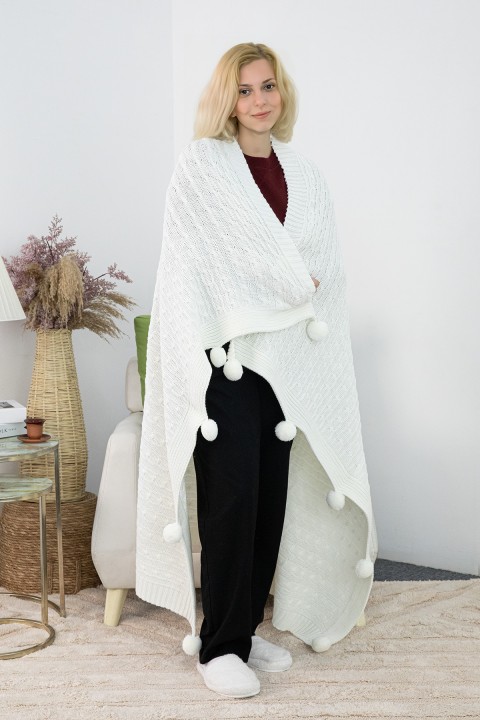 Biocotton Triko Ponponlu Tv Battaniyesi - Krem