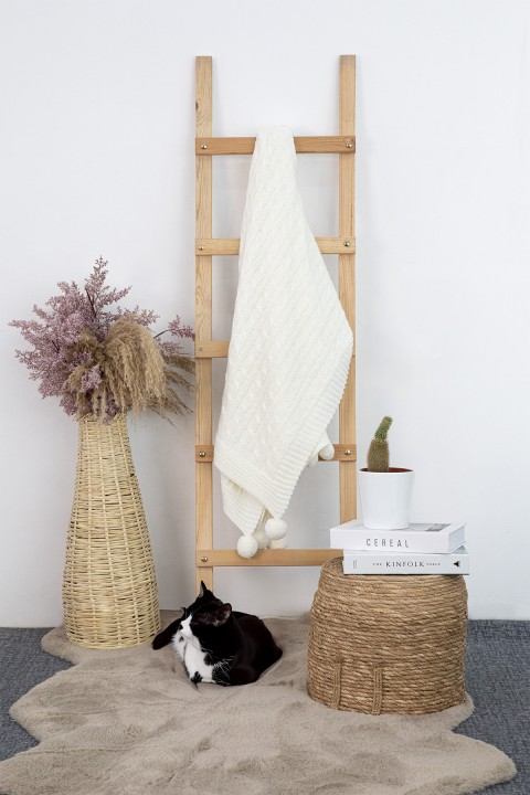 Biocotton Triko Ponponlu Tv Battaniyesi - Krem